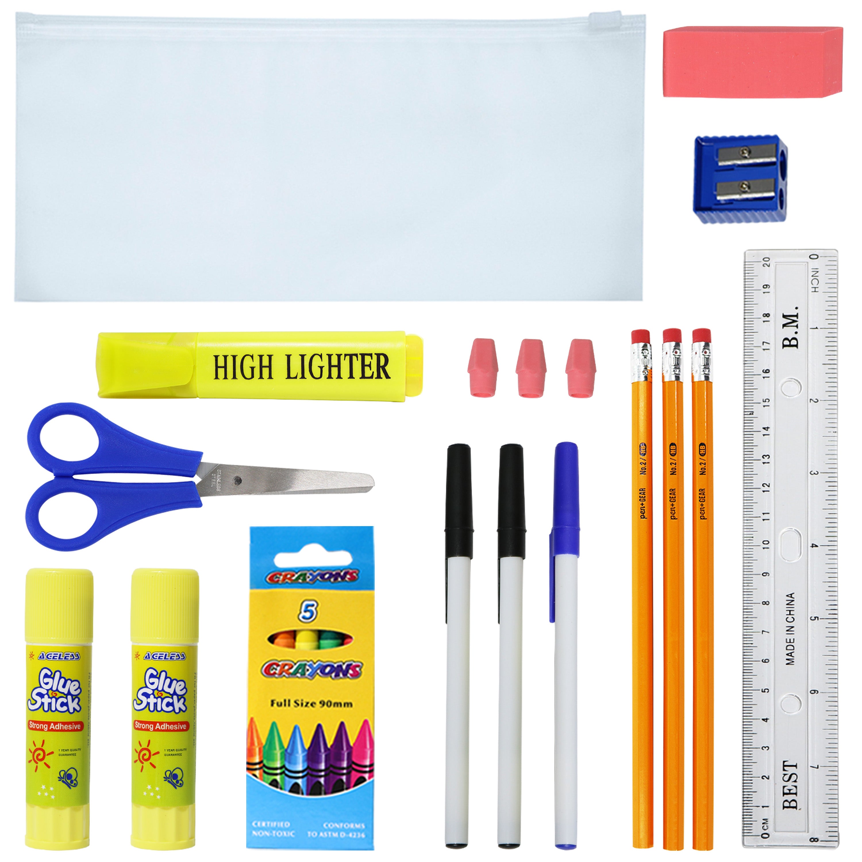 22 Piece Wholesale Basic School Supply Kits - Bulk Case of 48 Kits